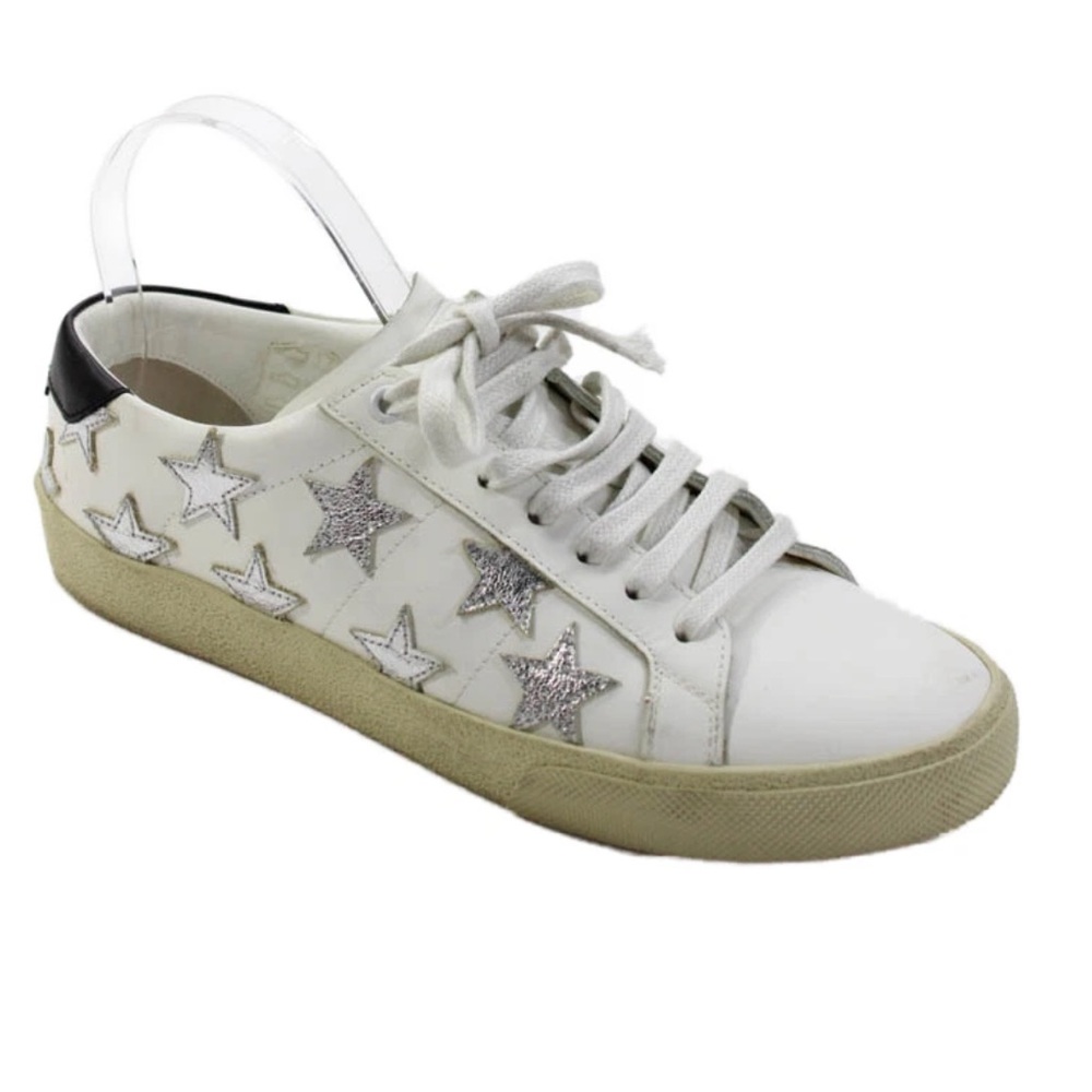 Saint Laurent Womens White Leather Silver Stars Print Low Top Sneakers Size 39